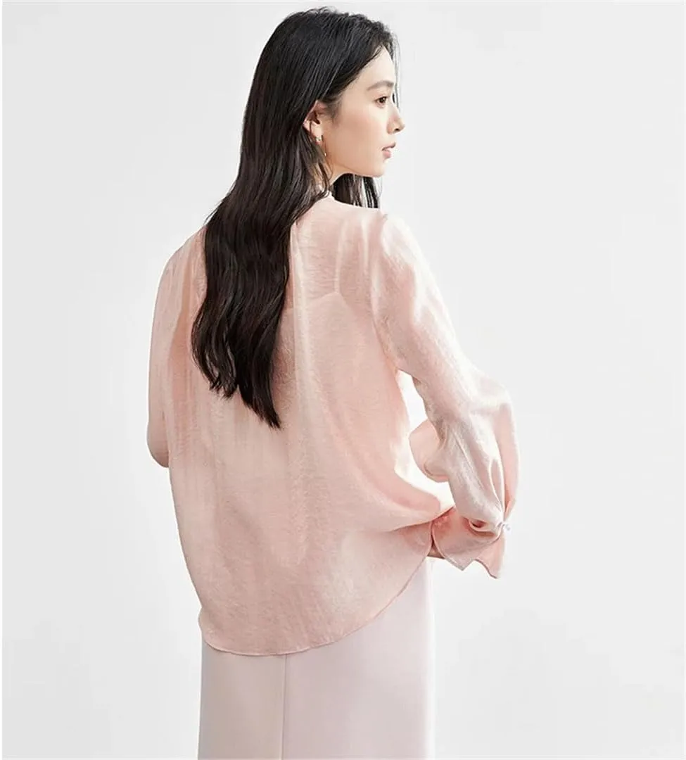 Women Ruffles Neck Petal Sleeve Blouse Folds Elegant Office Shirts Lady Loose Fit Shirts