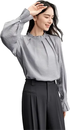 Women Ruffles Neck Petal Sleeve Blouse Folds Elegant Office Shirts Lady Loose Fit Shirts