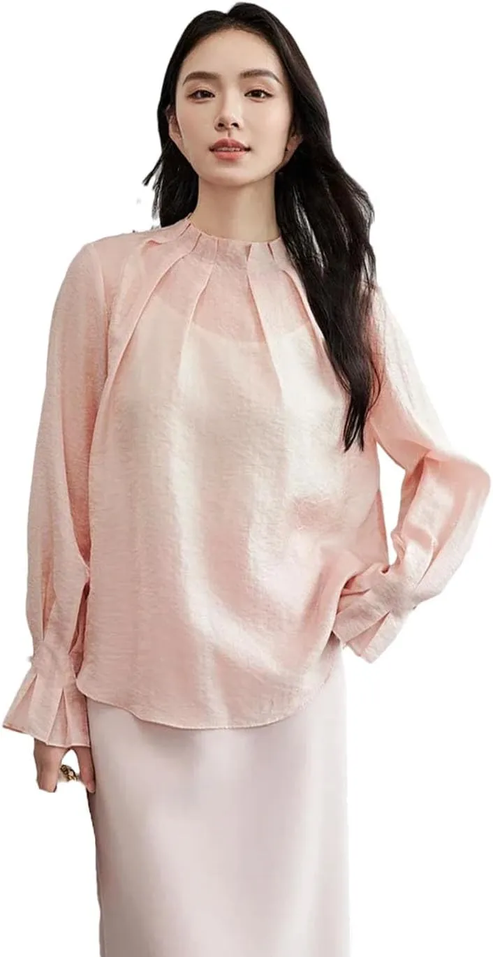 Women Ruffles Neck Petal Sleeve Blouse Folds Elegant Office Shirts Lady Loose Fit Shirts
