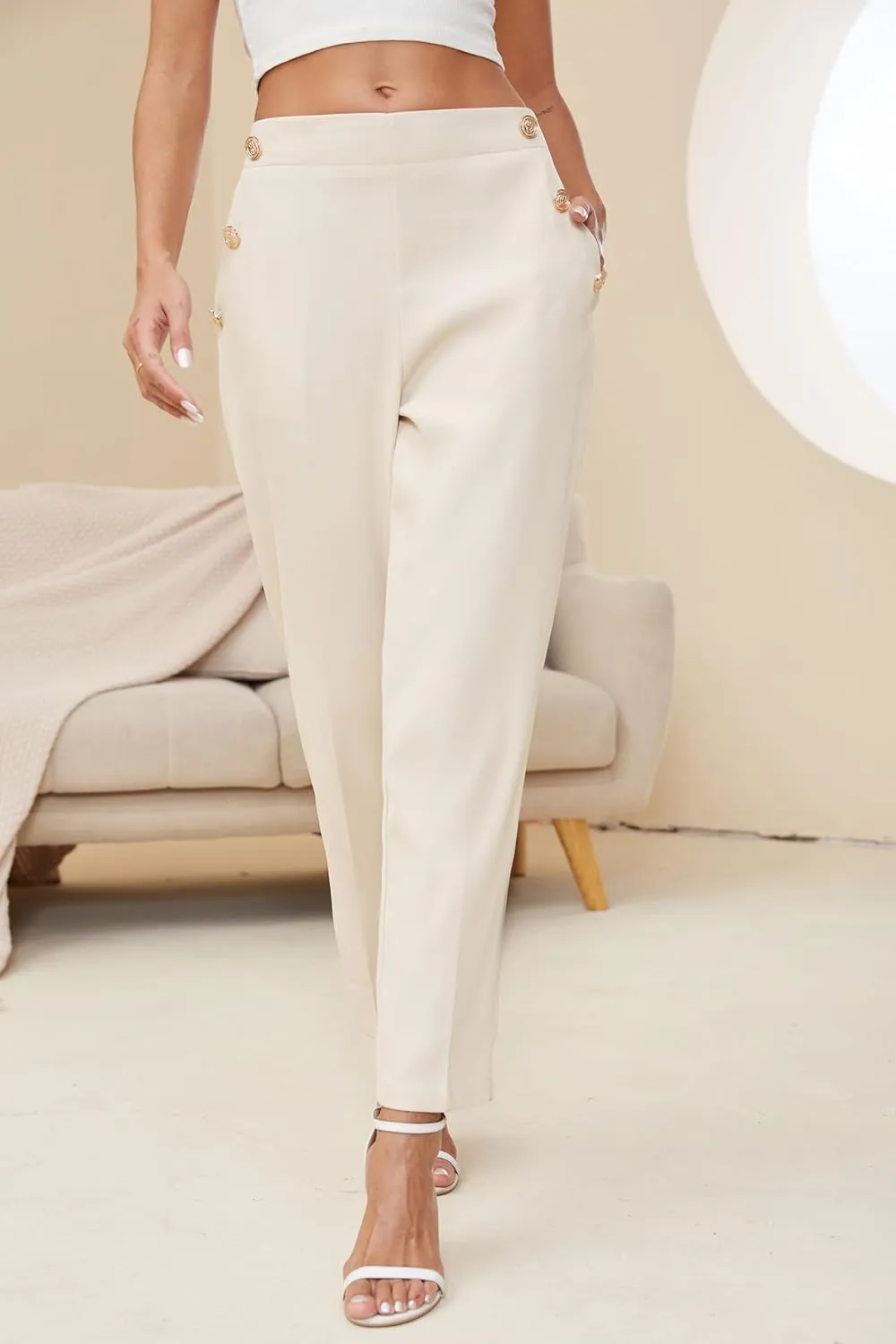 Women's Elastic High Waist Business Slacks for Work Trousers Pants Straight Leg with Pockets