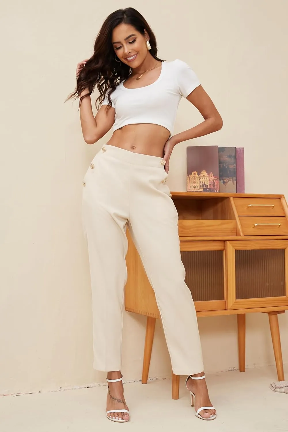 Women's Elastic High Waist Business Slacks for Work Trousers Pants Straight Leg with Pockets