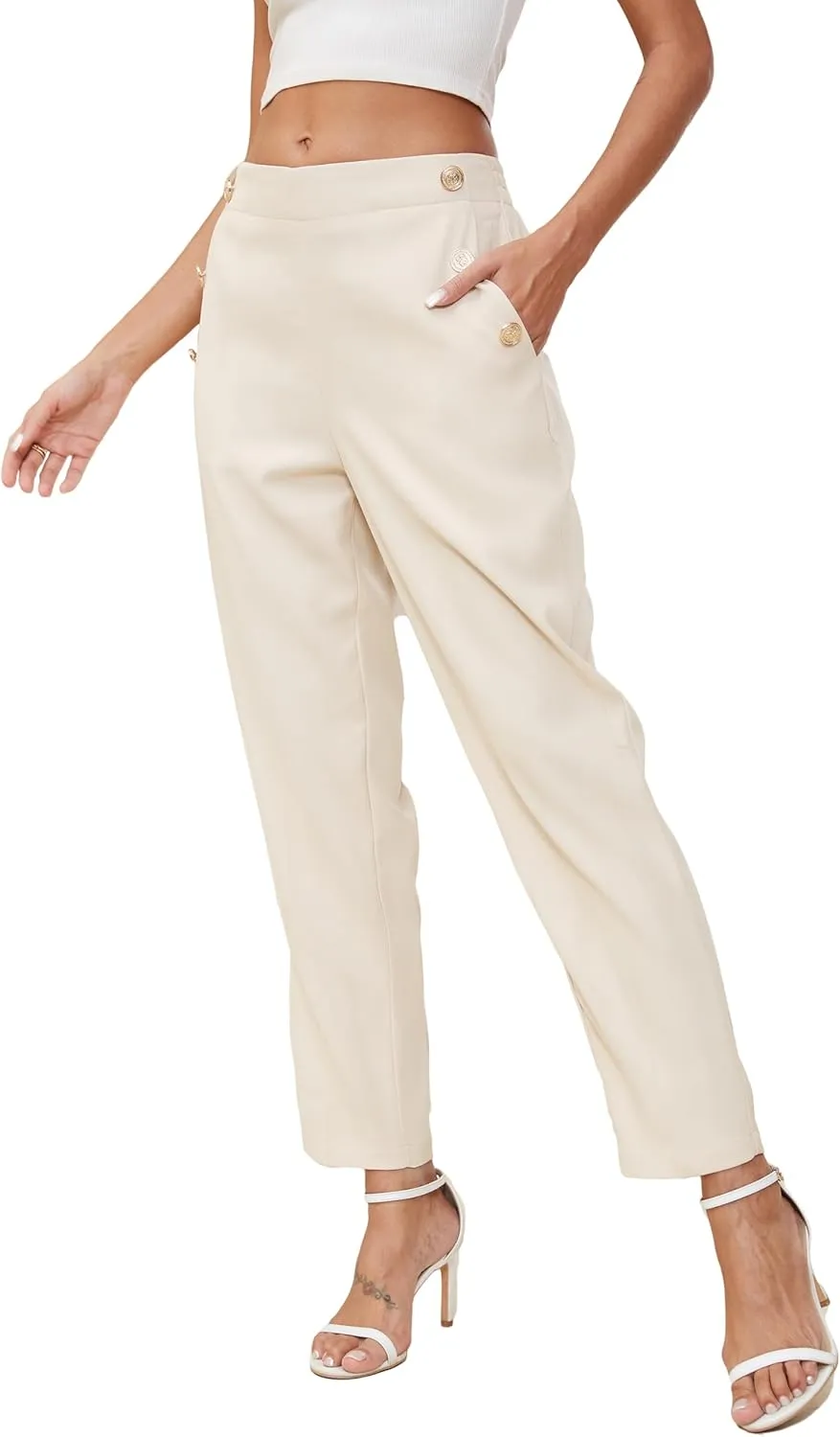 Women's Elastic High Waist Business Slacks for Work Trousers Pants Straight Leg with Pockets