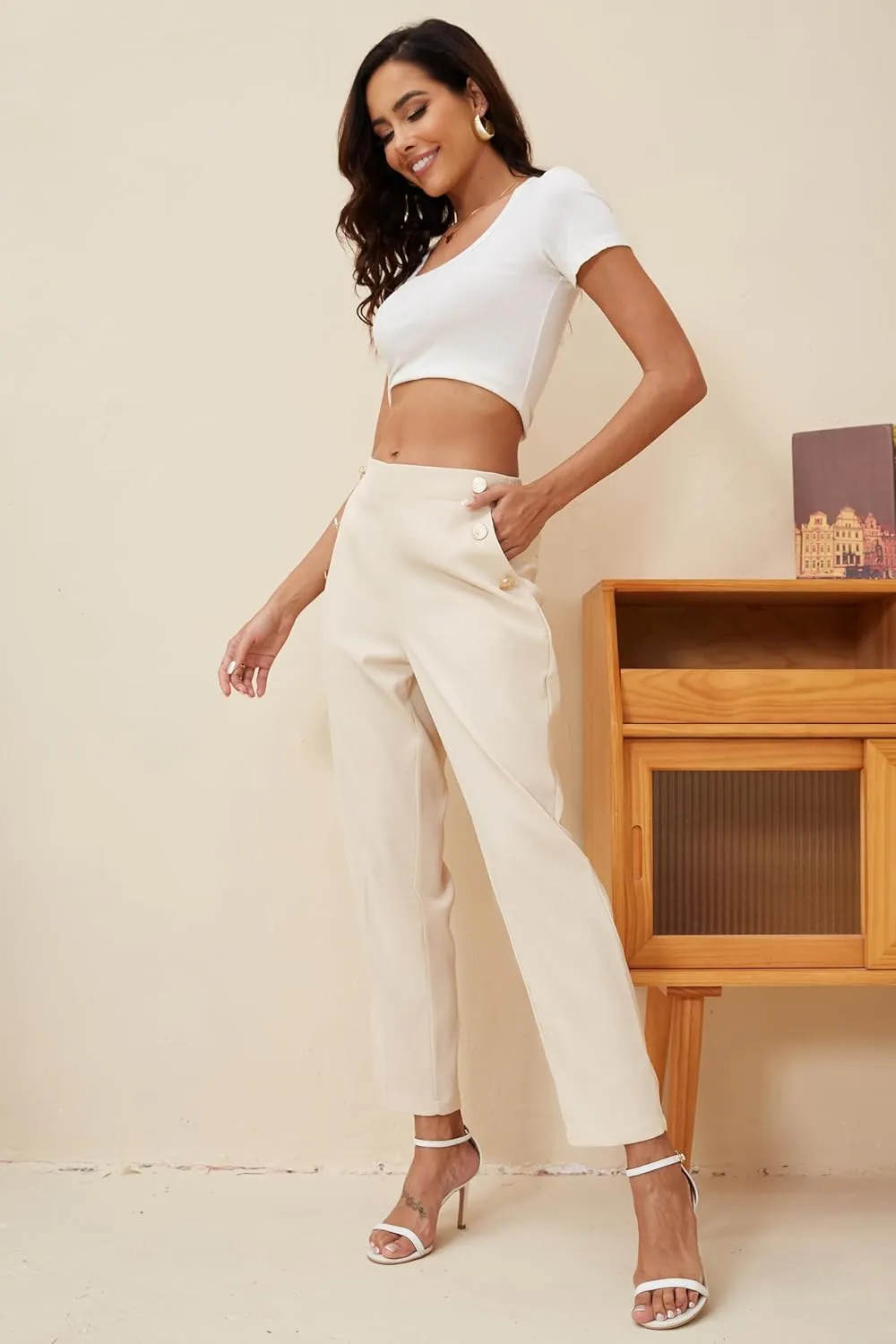 Women's Elastic High Waist Business Slacks for Work Trousers Pants Straight Leg with Pockets