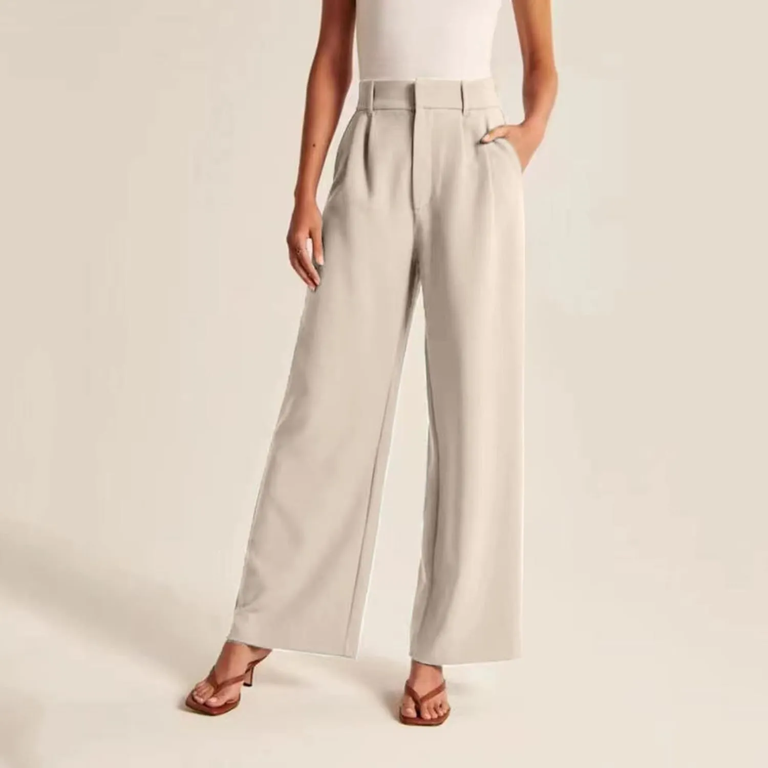 Womens Linen Blend Summer Loose Pants Elastic Waist Long Lounge Slim-Fit Palazzo Lounge Pants Beach