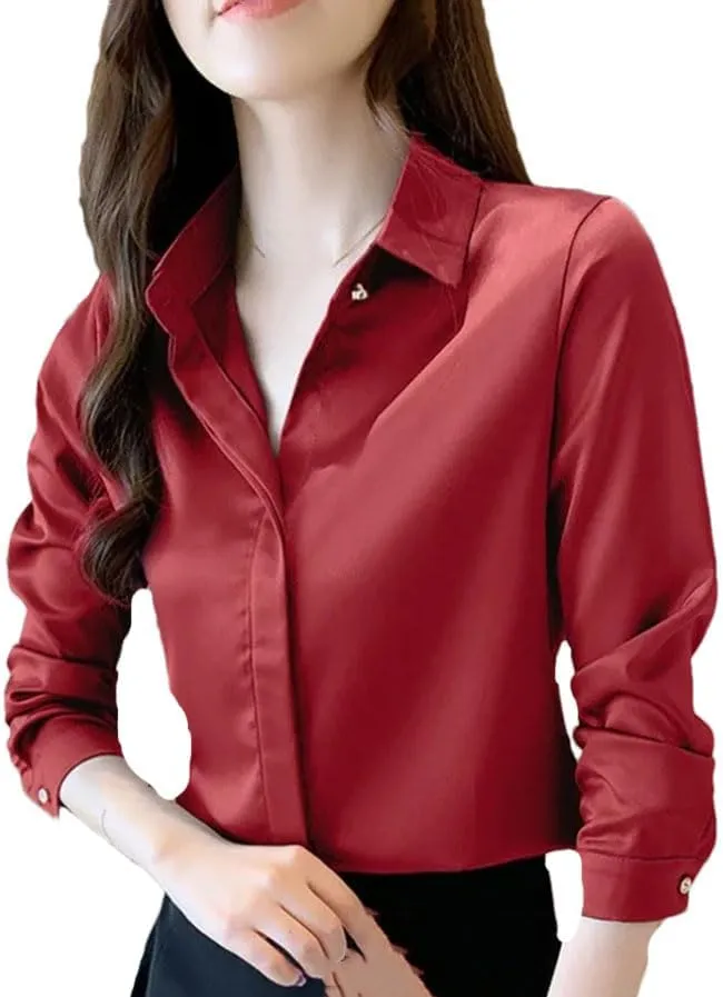 Women's Satin Slim Fit Shirt Elegant Long Sleeve Blouse Office Ladies Casual Wear