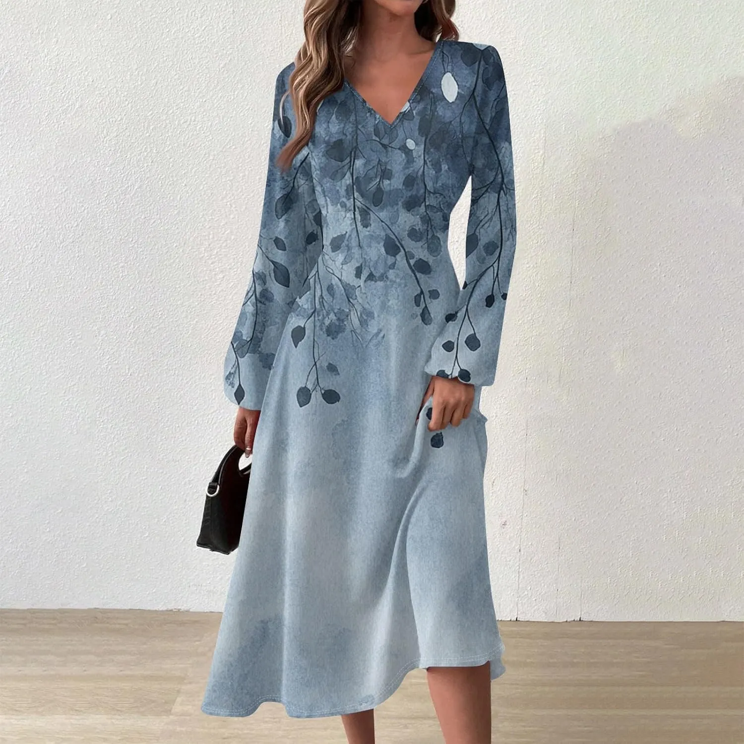 Womens Spring Dresses 2025 V Neck Long Sleeve Midi Work Casual Vacation Summer Western Curvy Dress