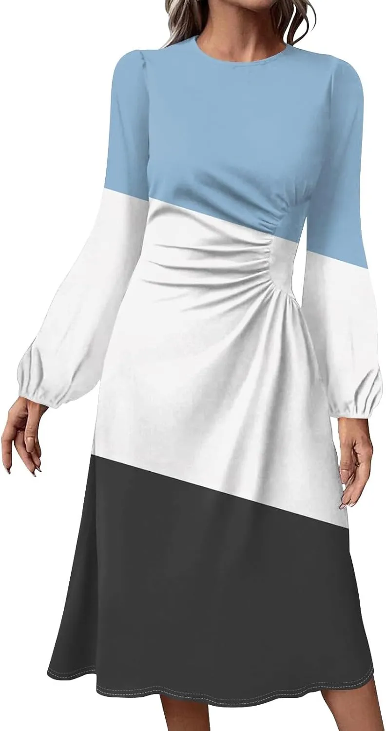 Womens Spring Fashion 2025 Dress Long Sleeve Midi O Neck Cute Summer Tea Length Boho Waist Loose Dress