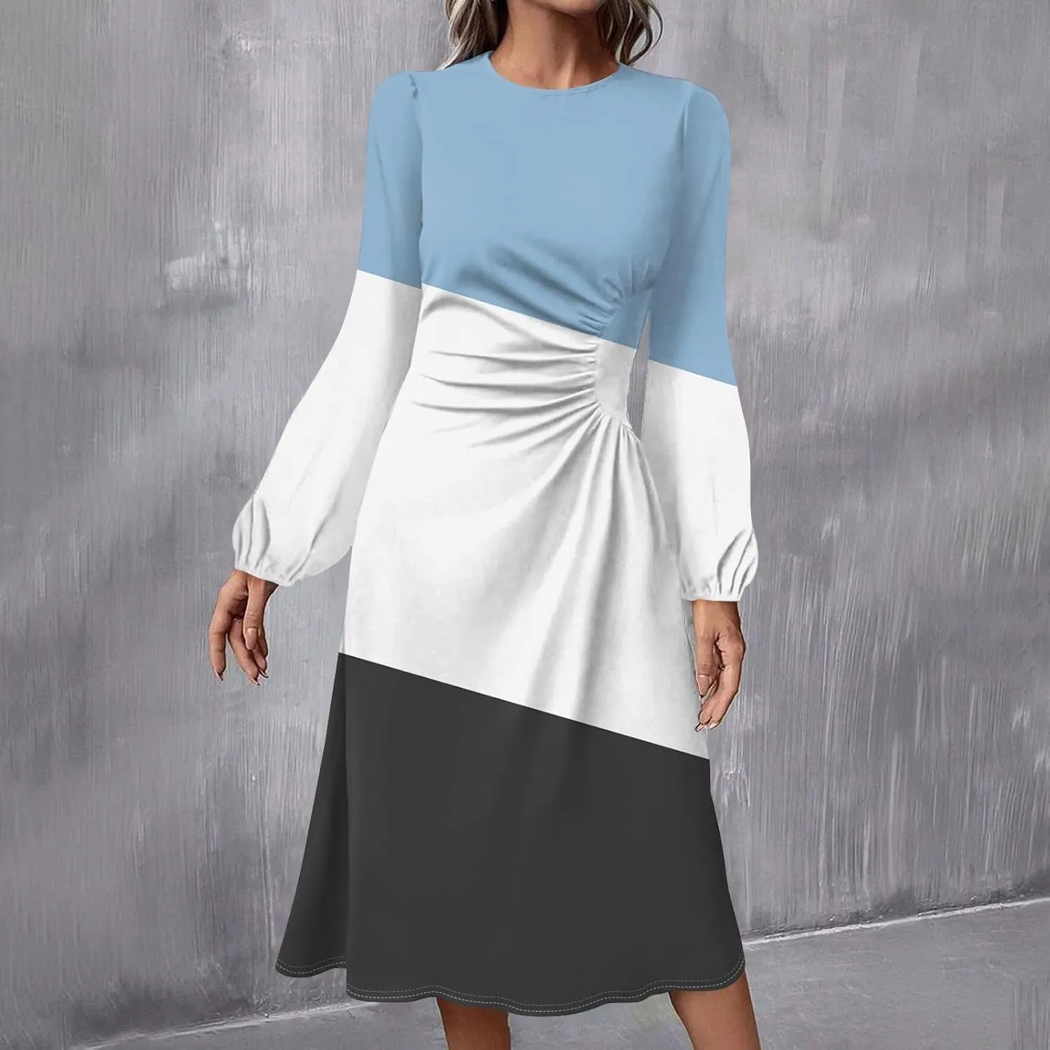 Womens Spring Fashion 2025 Dress Long Sleeve Midi O Neck Cute Summer Tea Length Boho Waist Loose Dress