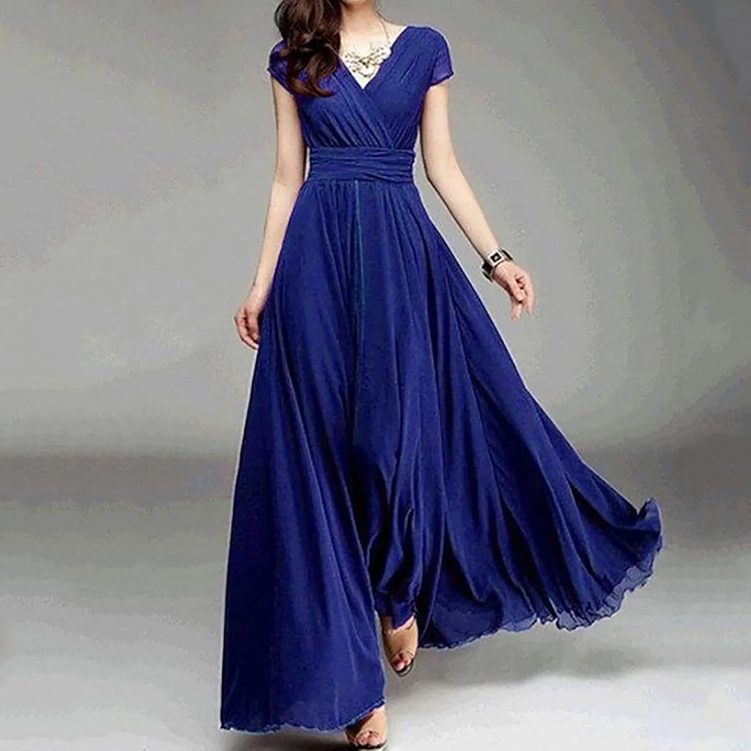 Womens Summer Chiffon Short Slit Sleeve V Neck Ruffled Wrap Wedding Bridesmaid Long Maxi Dresses for Women Summer
