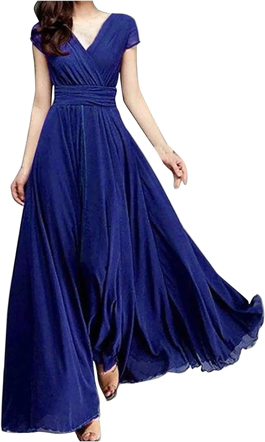 Womens Summer Chiffon Short Slit Sleeve V Neck Ruffled Wrap Wedding Bridesmaid Long Maxi Dresses for Women Summer