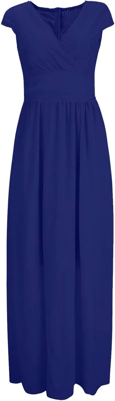 Womens Summer Chiffon Short Slit Sleeve V Neck Ruffled Wrap Wedding Bridesmaid Long Maxi Dresses for Women Summer