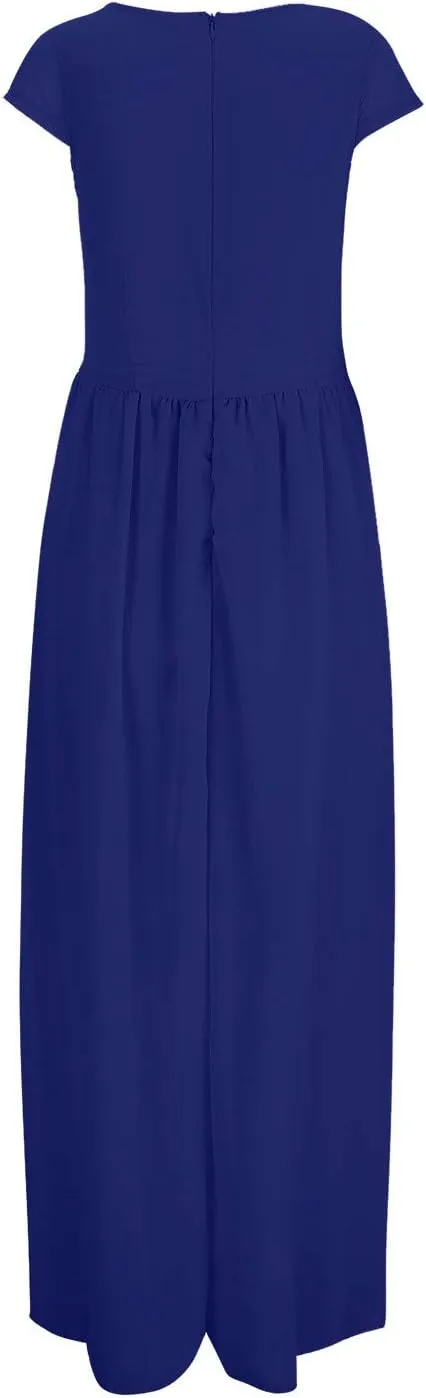 Womens Summer Chiffon Short Slit Sleeve V Neck Ruffled Wrap Wedding Bridesmaid Long Maxi Dresses for Women Summer