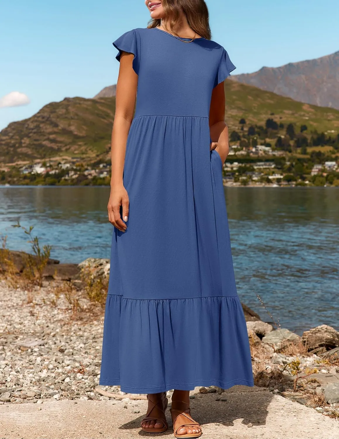 Women's Summer Dress Aline Flowy Tiered Maxi Long Beach Dress Elegant Ruffle Sleeve Crewneck Sundress Tunic Dresses