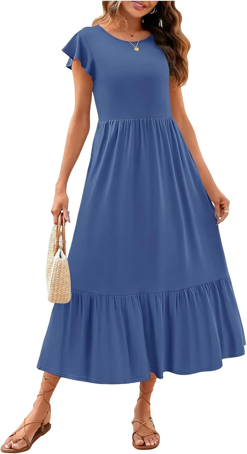 Women's Summer Dress Aline Flowy Tiered Maxi Long Beach Dress Elegant Ruffle Sleeve Crewneck Sundress Tunic Dresses