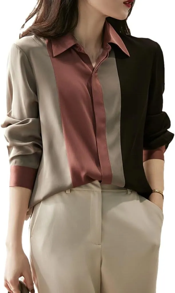 Women's Vintage Satin Blouse Button Down Long Sleeve Elegant Loose Top Work Shirt