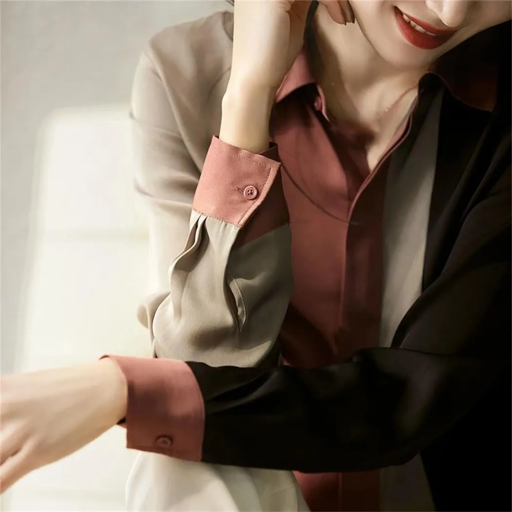 Women's Vintage Satin Blouse Button Down Long Sleeve Elegant Loose Top Work Shirt