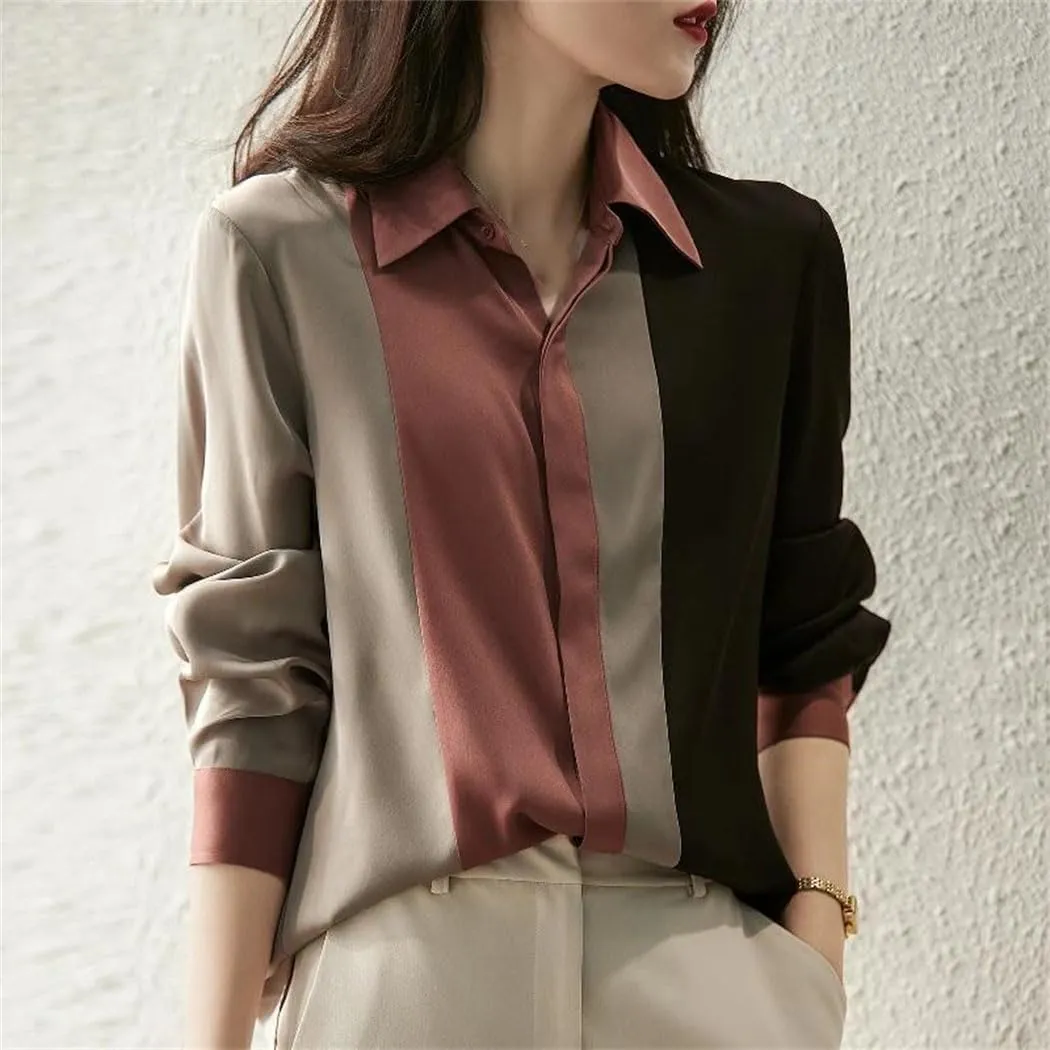Women's Vintage Satin Blouse Button Down Long Sleeve Elegant Loose Top Work Shirt